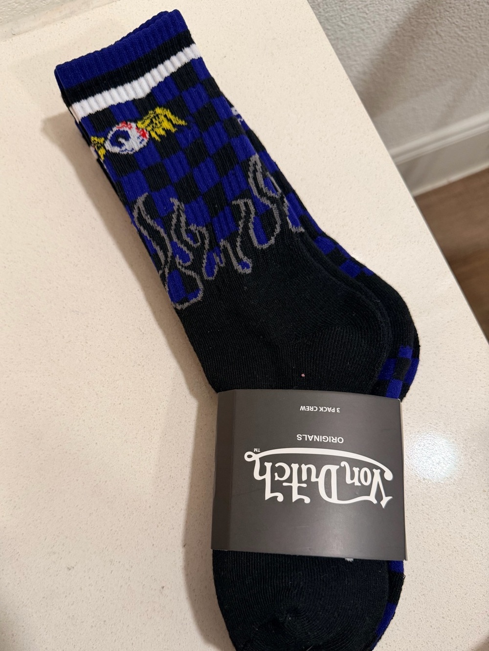 Von Dutch Blue & Black Checkerboard Crew Socks with Flame Motif 3 pack